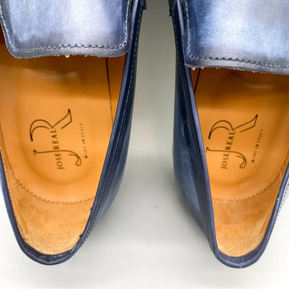 Jose Real Mens 45 Platform Penny Loafer Shoes Blue Burnished Leather Classic